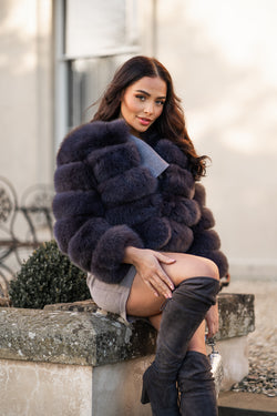 Charcoal Luxury Fur 5 Row Cropped Sleeve Jacket