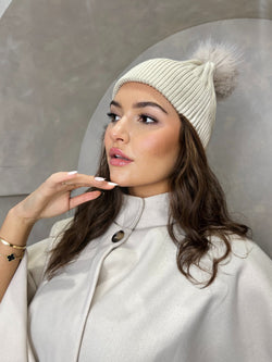 Light Beige Premium Faux Fur Bobble Hat