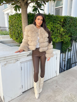 Dark Beige Luxury Fur 5 Row Long Sleeve Jacket
