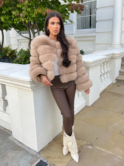 Tan Luxury Fur 5 Row Long Sleeve Jacket