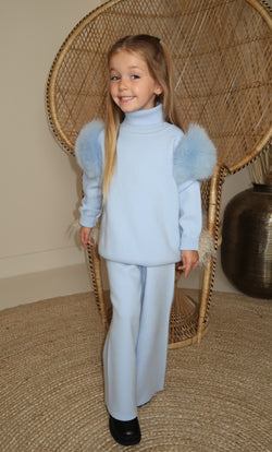 Childrens Baby Blue Luxury Fur Roll Neck Wide Leg Tracksuit