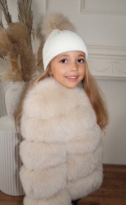 Childrens White/Beige Luxury Fur Bobble Hat