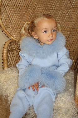 Childrens Baby Blue Luxury Fur Trim Hood & Cuff Tracksuit