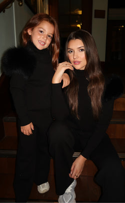 Black Luxury Fur Roll Neck Wide Leg Tracksuit