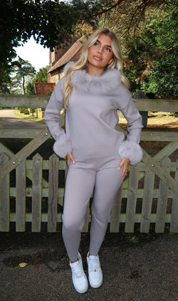 Light Grey Luxury Fur Trim Hood & Cuff Jogger Tracksuit