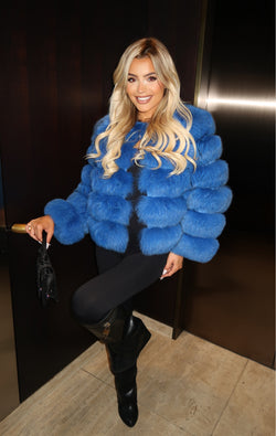 Royal Blue Luxury Fur 5 Row Cropped Sleeve Jacket