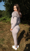 Grey Luxury Fur Hooded Jogger Tracksuit