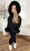 Childrens Black Luxury Fur Trim Hood & Cuff Tracksuit