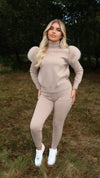 Beige Luxury Fur Roll Neck Jogger Tracksuit