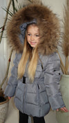 Childrens Grey Luxury Fur Padded Belted Coat