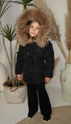 Childrens Black Luxury Fur Padded Belted Coat