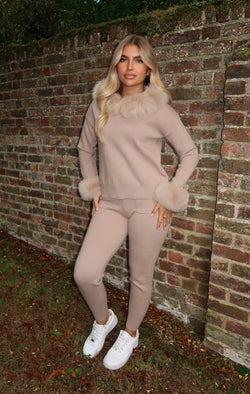 Beige Luxury Fur Trim Hood & Cuff Jogger Tracksuit