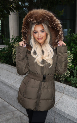 Khaki/Natural Fur Luxury Fur Padded Belted Coat