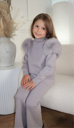 Childrens Light Grey Luxury Fur Roll Neck Wide Leg Tracksuit