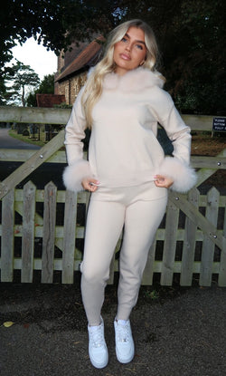 Light Beige Luxury Fur Trim Hood & Cuff Jogger Tracksuit