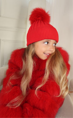 Childrens Red Luxury Fur Bobble Hat