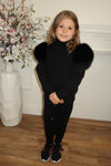 Childrens Black Luxury Fur Roll Neck Jogger Tracksuit