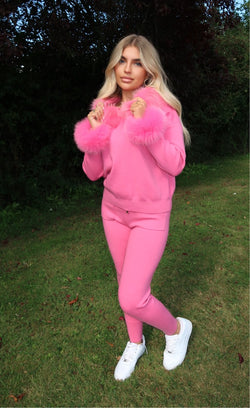 Hot Pink Luxury Fur Trim Hood & Cuff Jogger Tracksuit