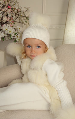 Childrens White/White Luxury Fur Bobble Hat