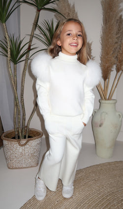 Childrens Cream Luxury Fur Roll Neck Wide Leg Tracksuit