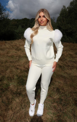 Cream Luxury Fur Roll Neck Jogger Tracksuit