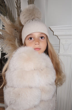 Childrens Beige Luxury Fur Bobble Hat