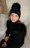 Childrens Black Luxury Fur Bobble Hat