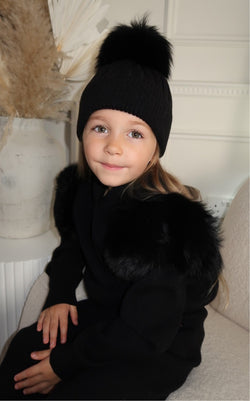 Childrens Black Luxury Fur Bobble Hat