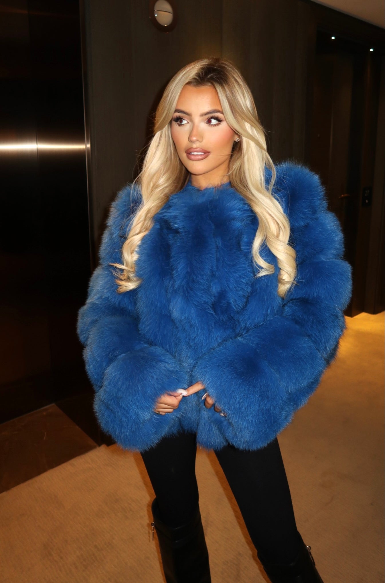 Royal Blue Luxury Fur Vertical Pelt Coat Luca London