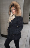 Black/Natural Fur Luxury Fur Padded Belted Coat