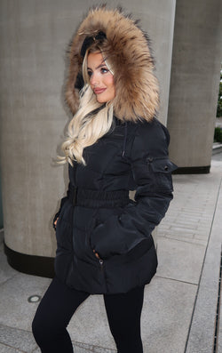 Black/Natural Fur Luxury Fur Padded Belted Coat