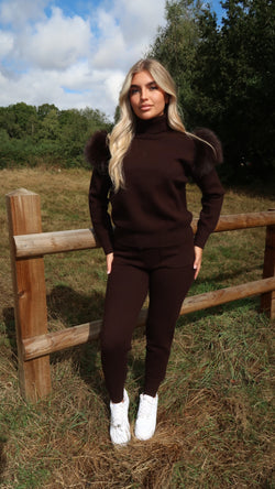 Chocolate Luxury Fur Roll Neck Jogger Tracksuit