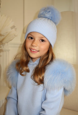 Childrens Baby Blue Luxury Fur Bobble Hat