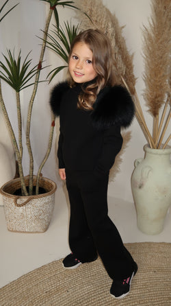 Childrens Black Luxury Fur Roll Neck Wide Leg Tracksuit