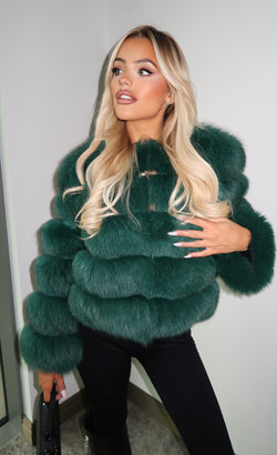 Emerald Green Luxury Fur 5 Row Cropped Sleeve Jacket