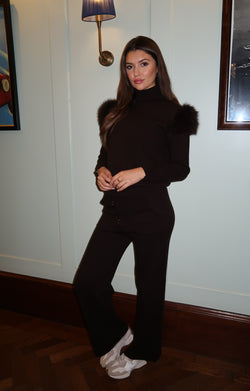 Chocolate Luxury Fur Roll Neck Wide Leg Tracksuit