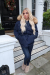 Navy/Natural Drawstring Luxury Fur Padded Belted Coat