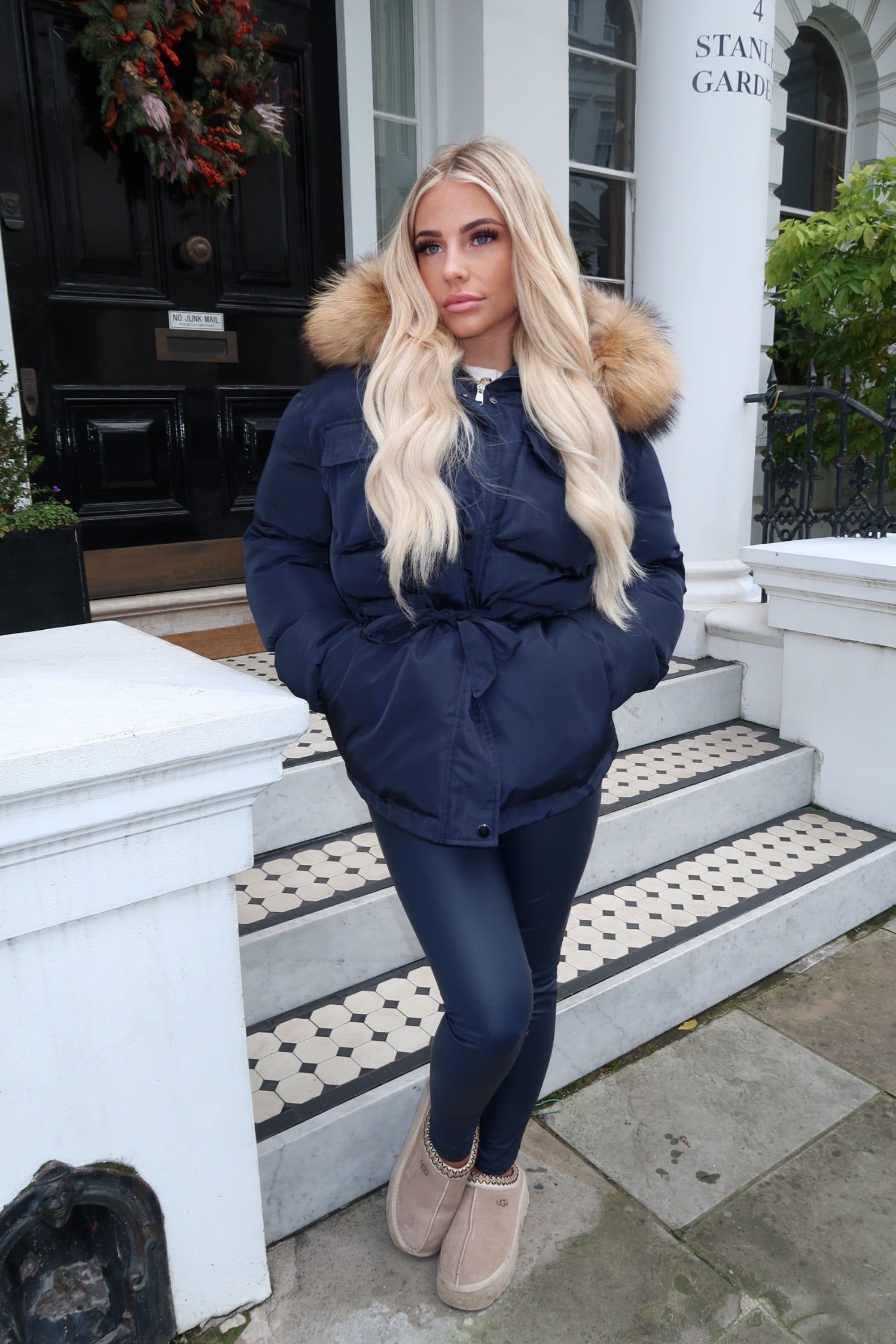 Navy/Natural Drawstring Luxury Fur Padded Belted Coat – Luca London