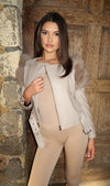 Beige Collarless Luxury Fur Biker Jacket