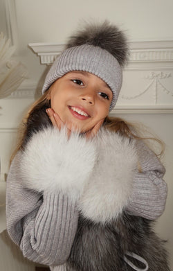 Childrens Grey Luxury Fur Bobble Hat