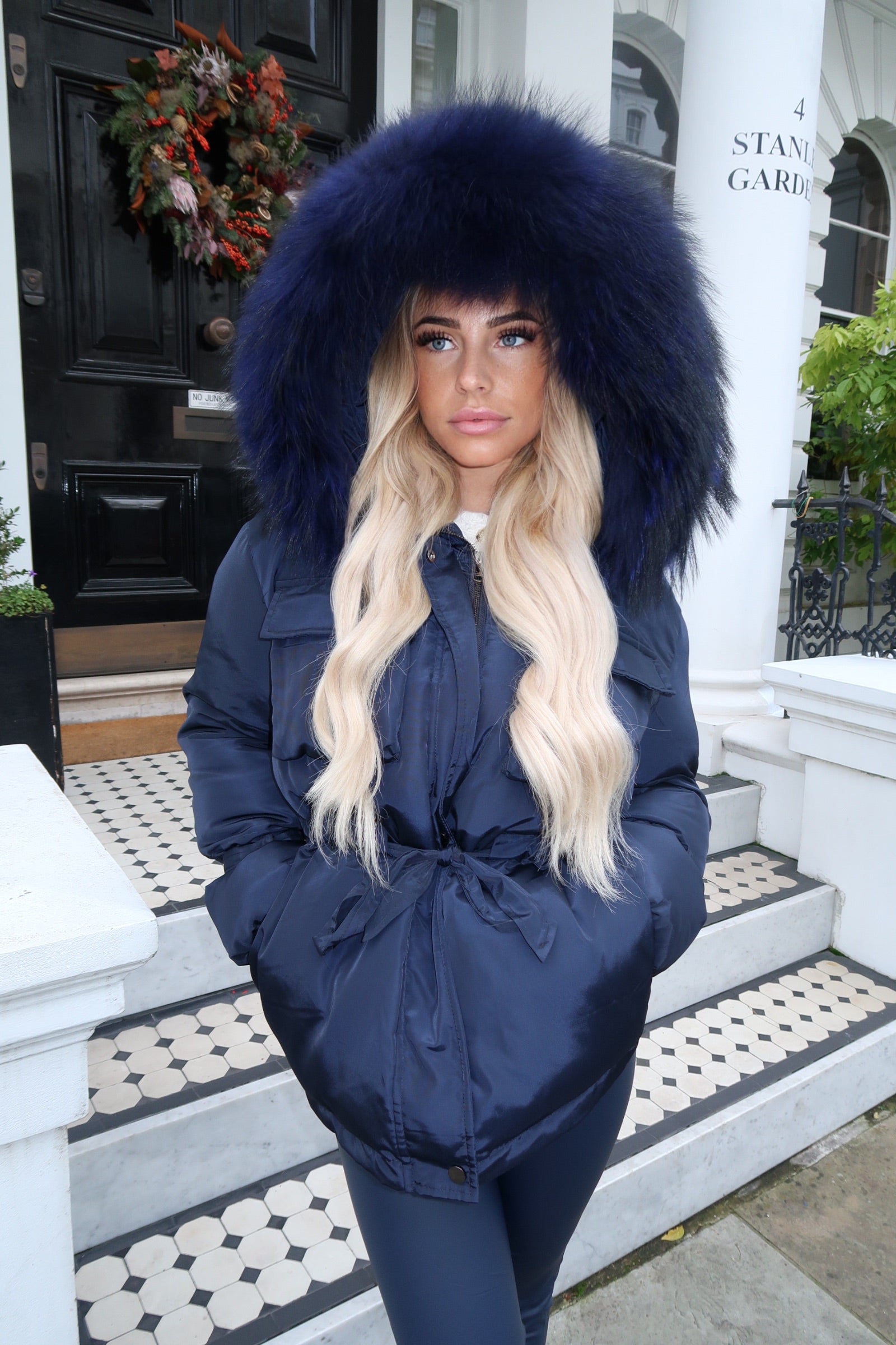 Navy/Navy Drawstring Luxury Fur Padded Belted Coat – Luca London