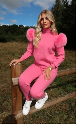 Hot Pink Luxury Fur Roll Neck Jogger Tracksuit