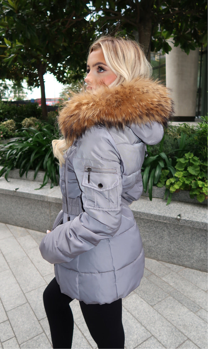 Fur Collar Grey Coat With Belt And Fur Hood Womens Grey Puffer