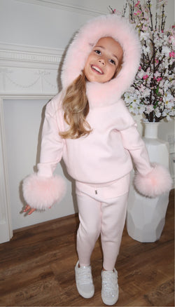 Childrens Baby Pink Luxury Fur Trim Hood & Cuff Tracksuit