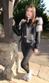 Black/Grey Collarless Luxury Fur Biker Jacket