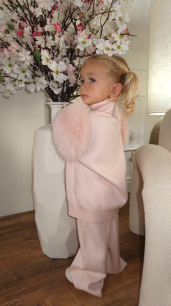 Childrens Baby Pink Luxury Fur Roll Neck Wide Leg Tracksuit