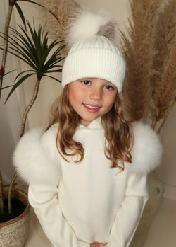 Childrens White/Two Tone Luxury Fur Bobble Hat