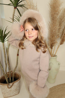 Childrens Beige Luxury Fur Trim Hood & Cuff Tracksuit