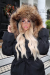 Black/Natural Fur Drawstring Luxury Fur Padded Belted Coat