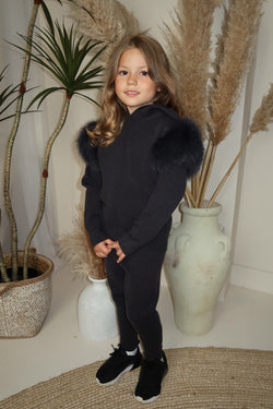 Childrens Charcoal Luxury Fur Trim Hood & Cuff Tracksuit